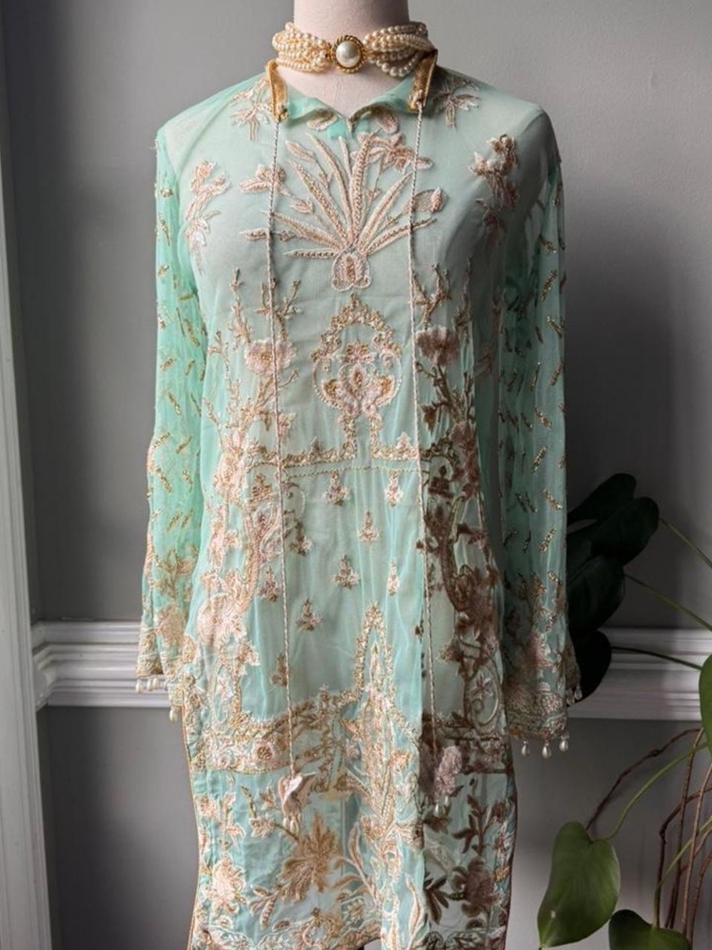 Mint Green Maxi Dress with Gold Embroidery